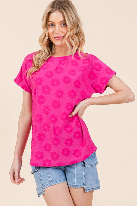 Textured Floral Pattern Top Fushia