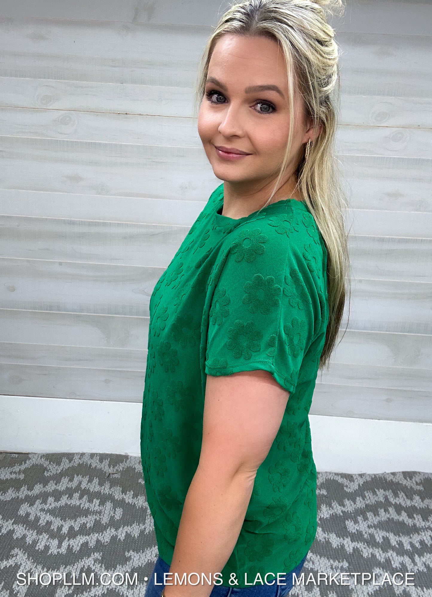 Textured Floral Pattern Top Green