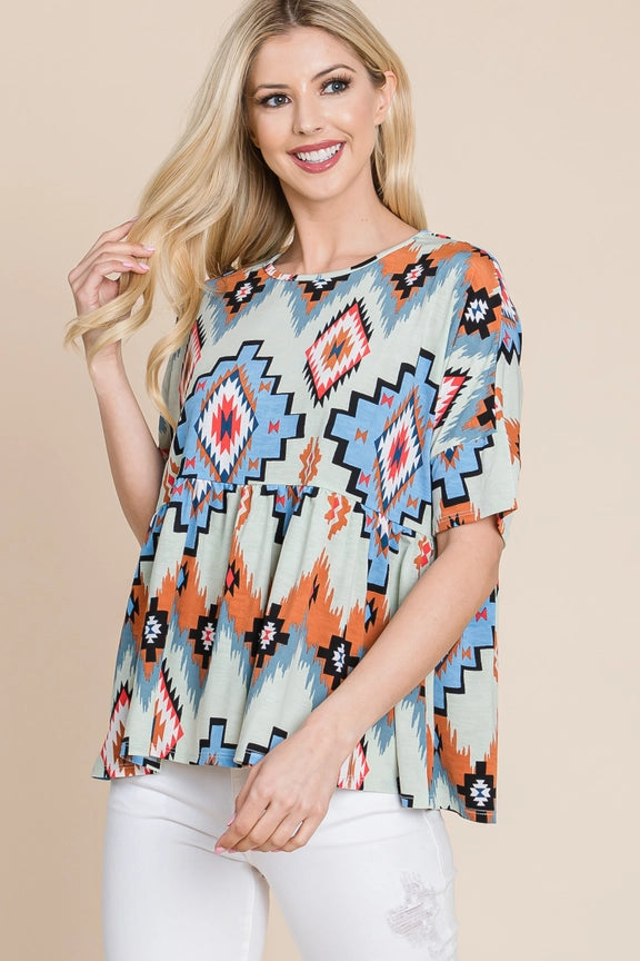 Aztec Print Peplum Top Mint