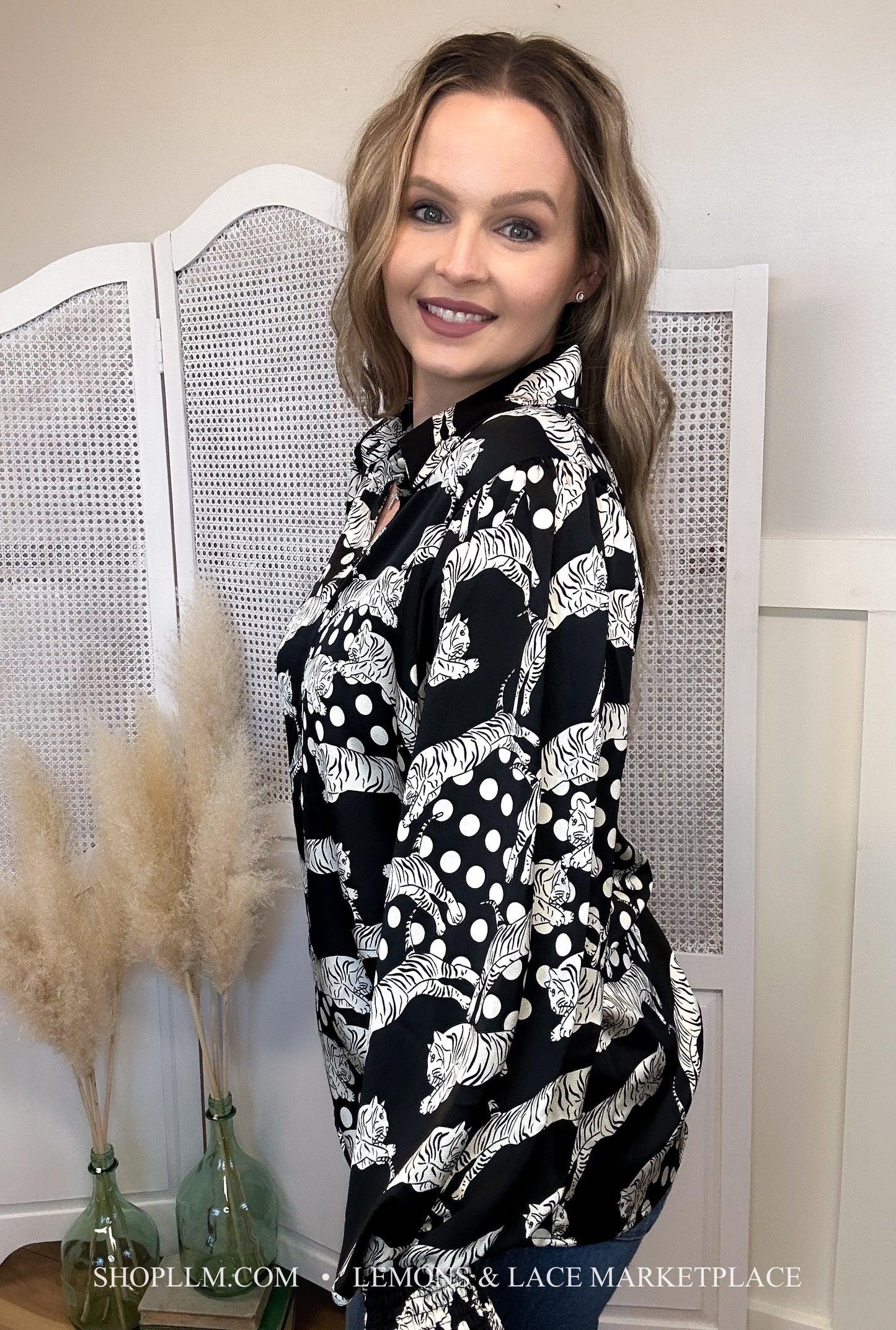 Long Sleeve Tiger Print Blouse