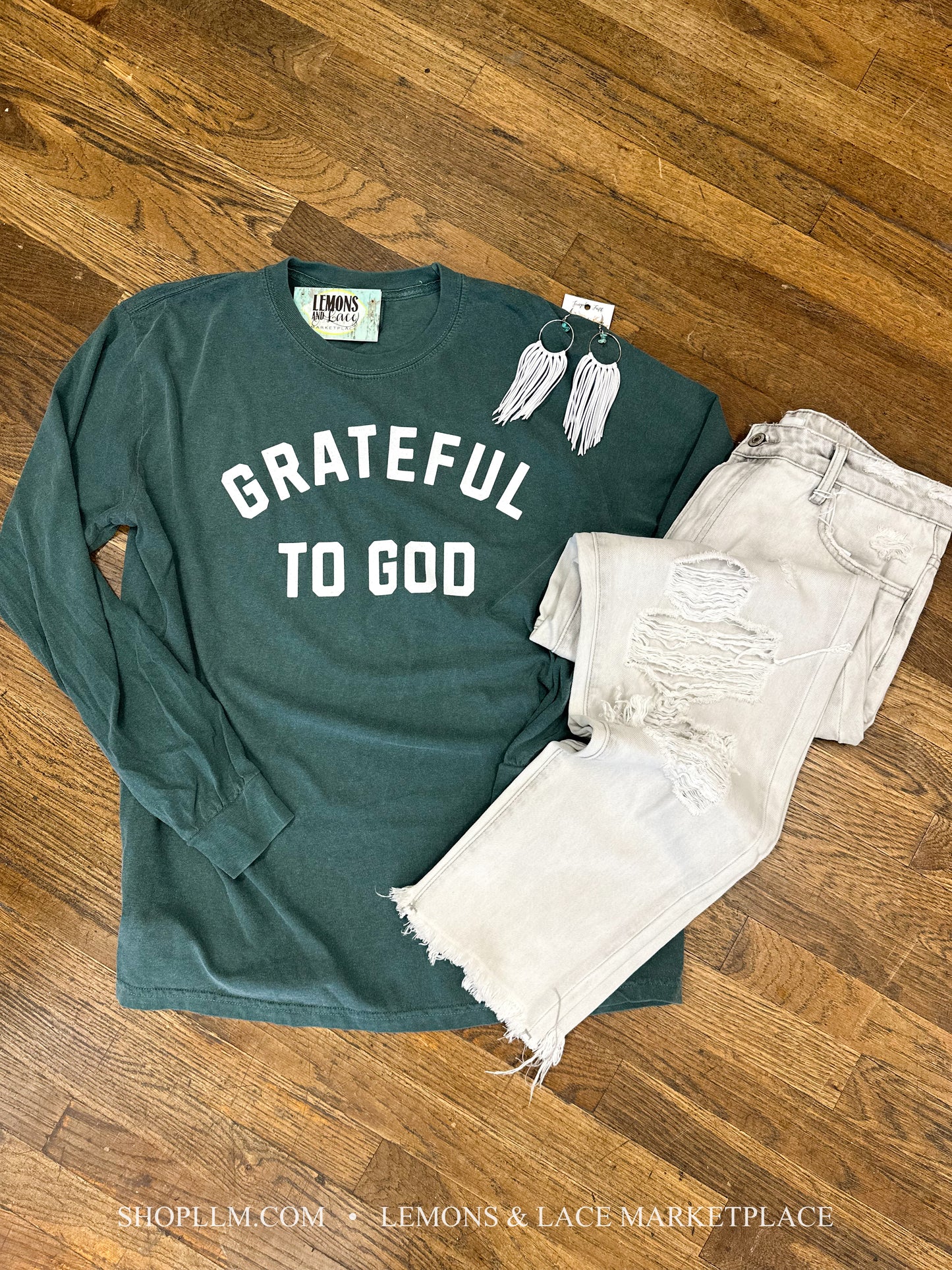 Grateful to God LS Tee-Blue Spruce