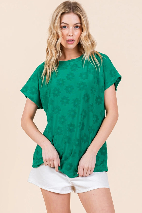 Textured Floral Pattern Top Green