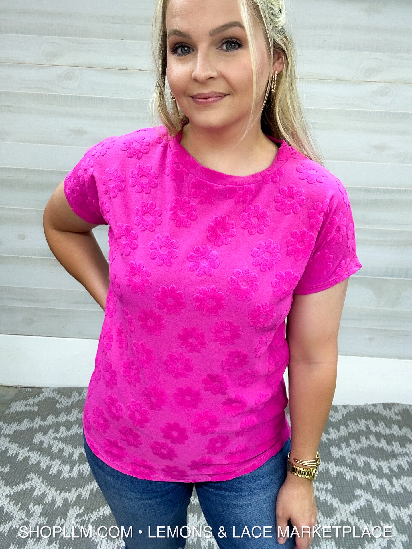 Textured Floral Pattern Top Fushia