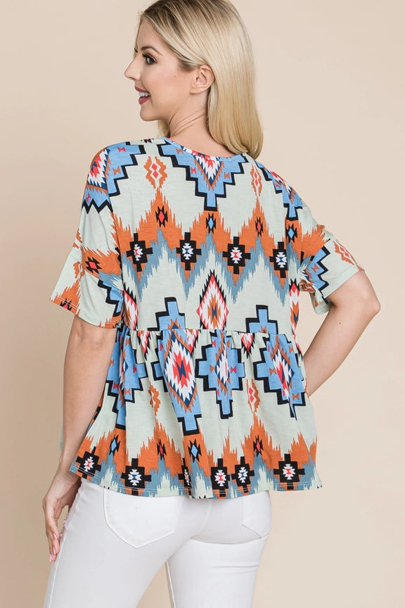 Aztec Print Peplum Top Mint
