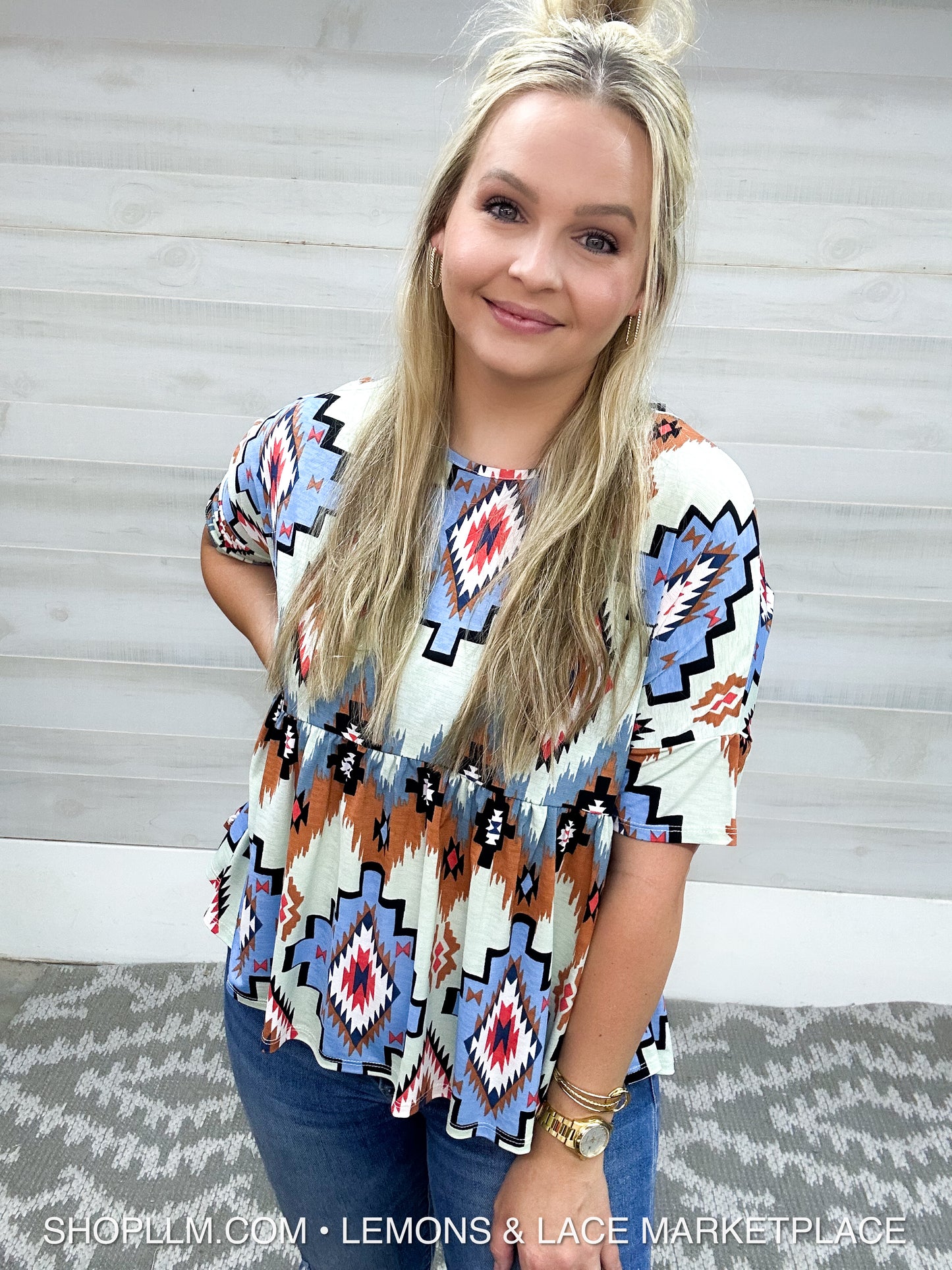 Aztec Print Peplum Top Mint