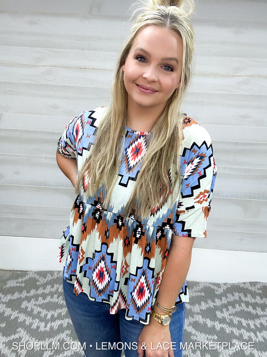 Aztec Print Peplum Top Mint