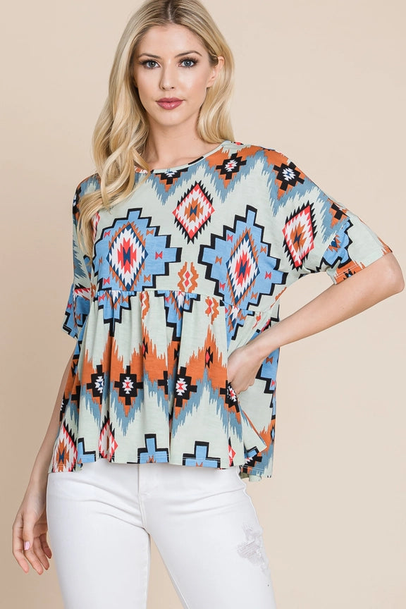 Aztec Print Peplum Top Mint