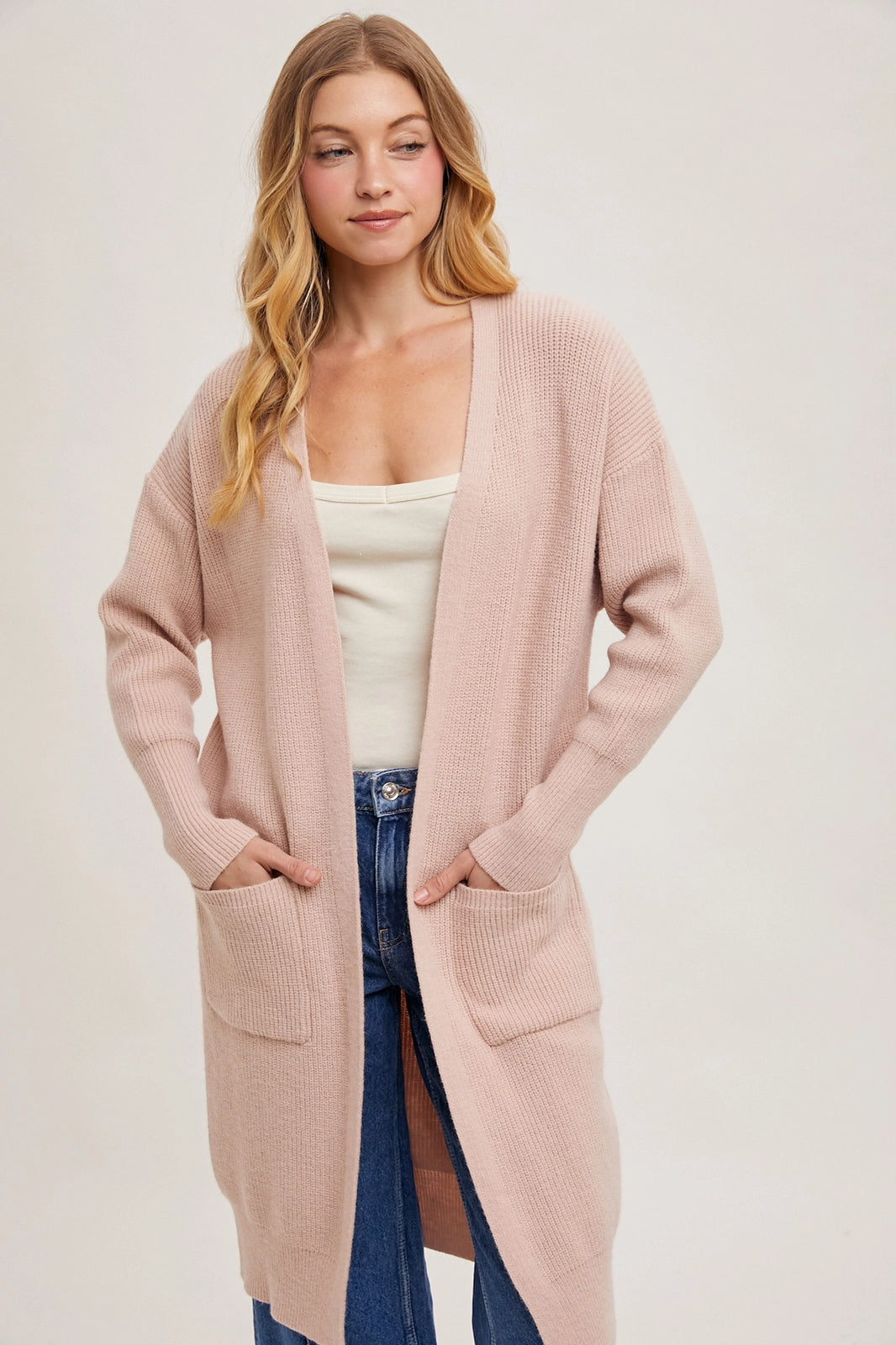 Ribbed Open Front Cardigan Blush