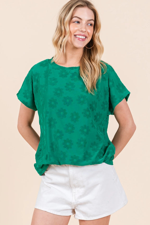 Textured Floral Pattern Top Green