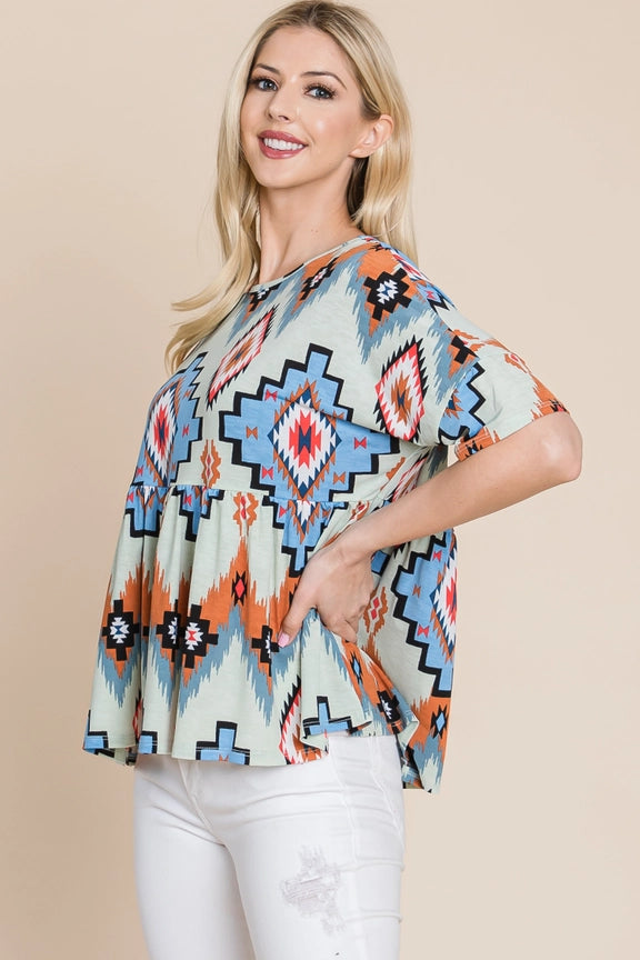 Aztec Print Peplum Top Mint