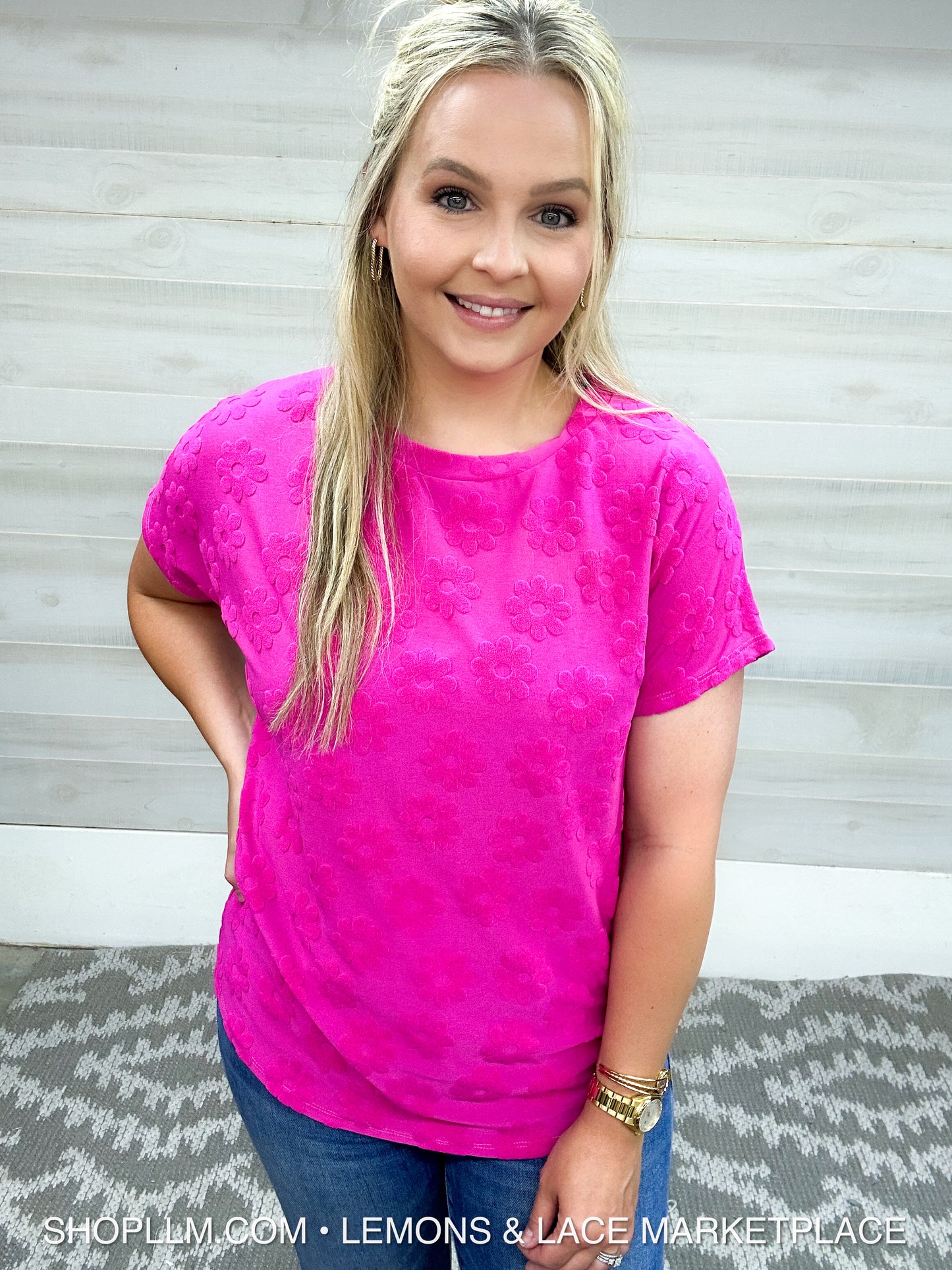 Textured Floral Pattern Top Fushia