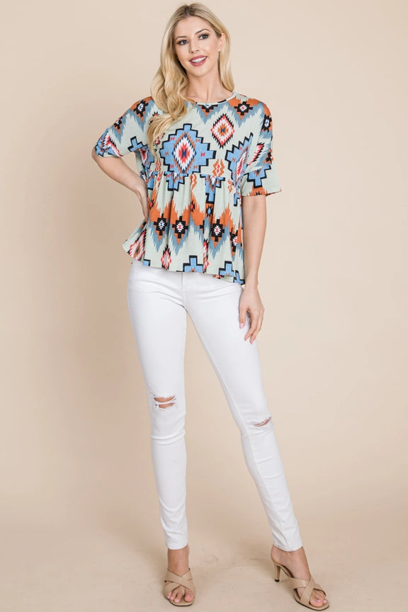 Aztec Print Peplum Top Mint