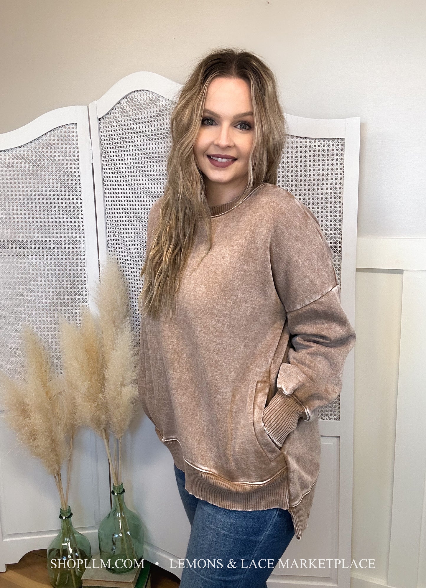 Camel Acid Wash Hi-Low Fleece Pullover