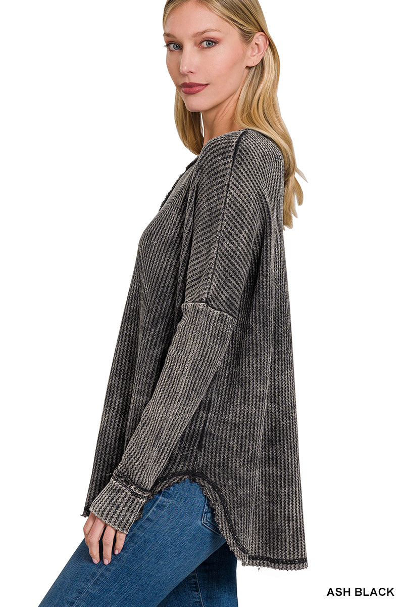 Washed Baby Waffle Oversized Long Sleeve Top