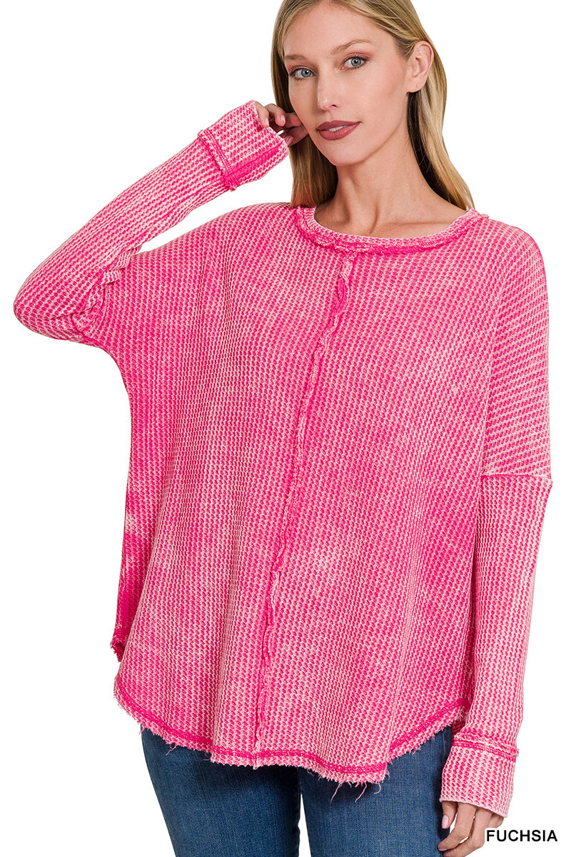 Washed Baby Waffle Oversized Long Sleeve Top