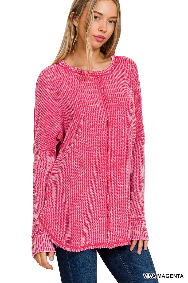Washed Baby Waffle Oversized Long Sleeve Top