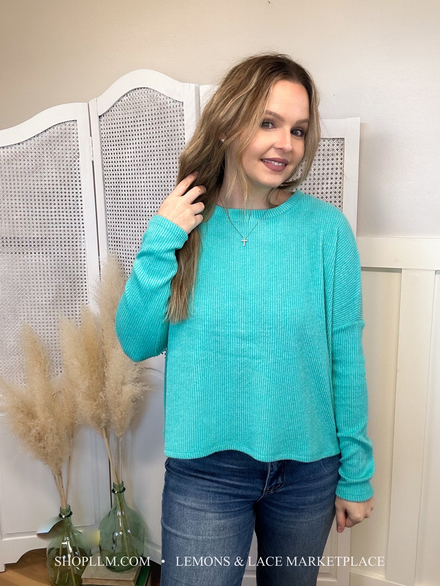 Turquoise Ribbed Dolman Sweater