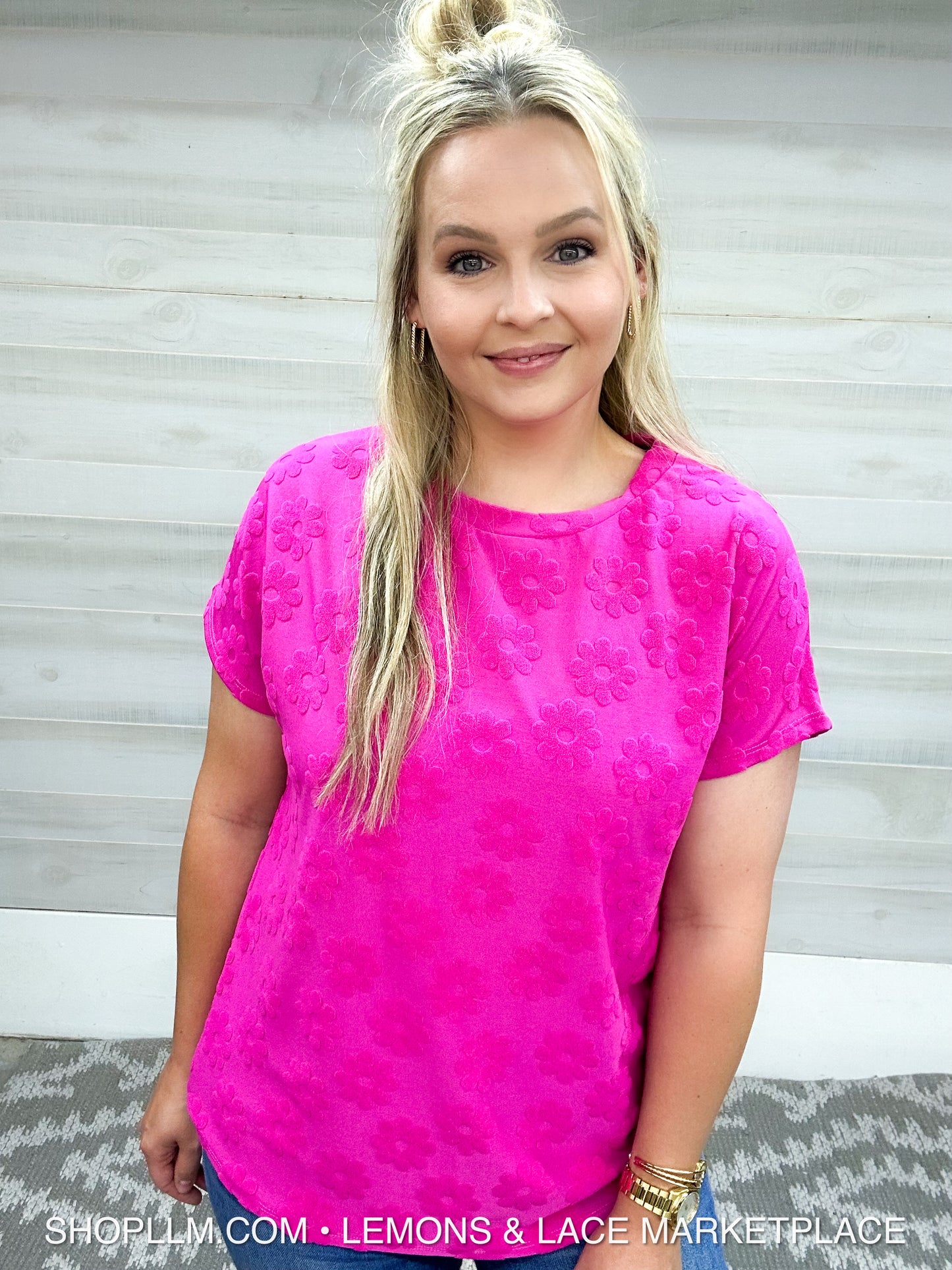 Textured Floral Pattern Top Fushia