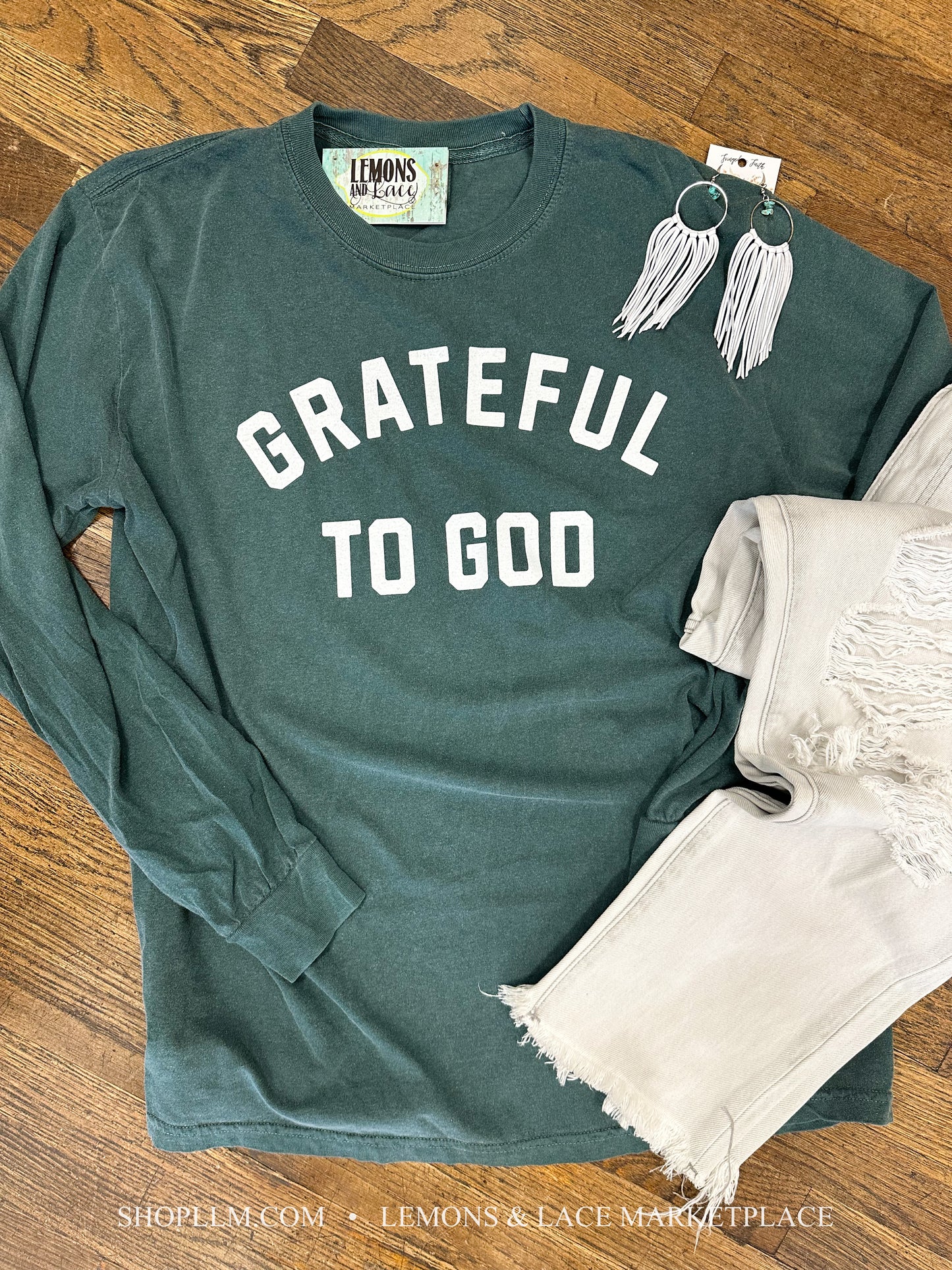 Grateful to God LS Tee-Blue Spruce