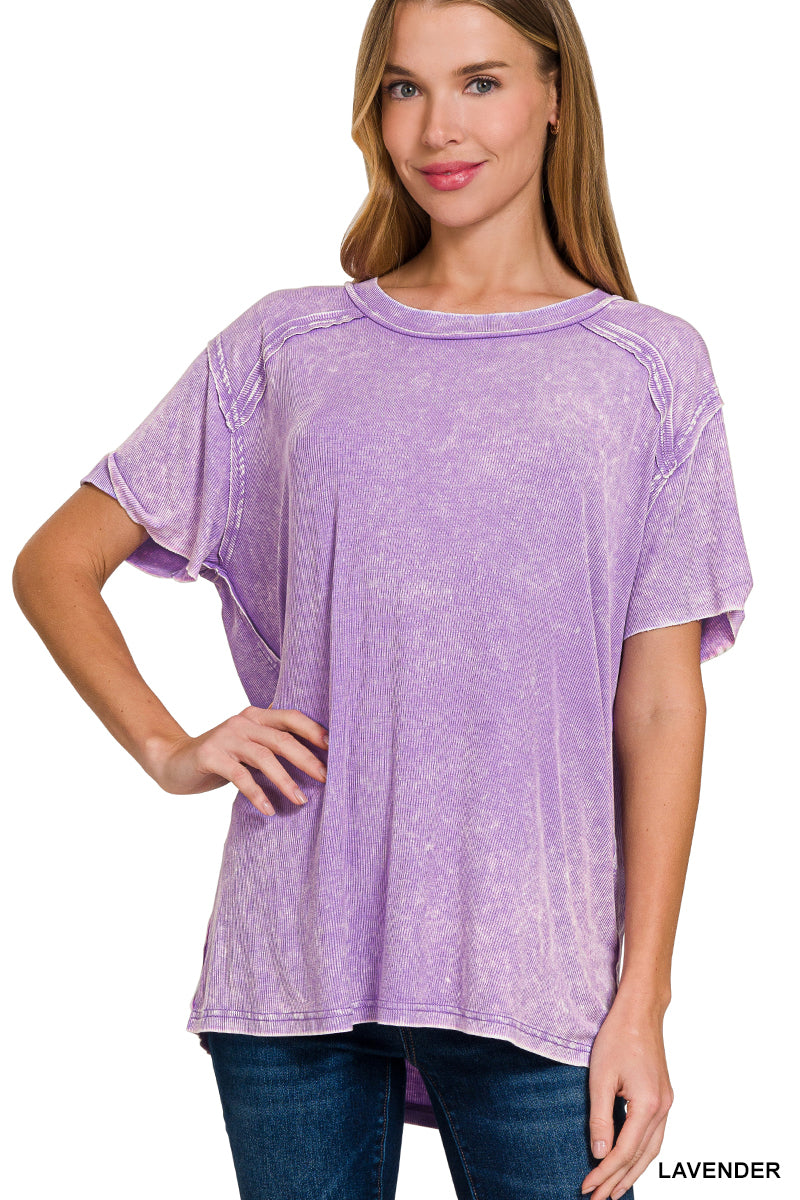 Lavendar Washed Ribbed Short Sleeve Top