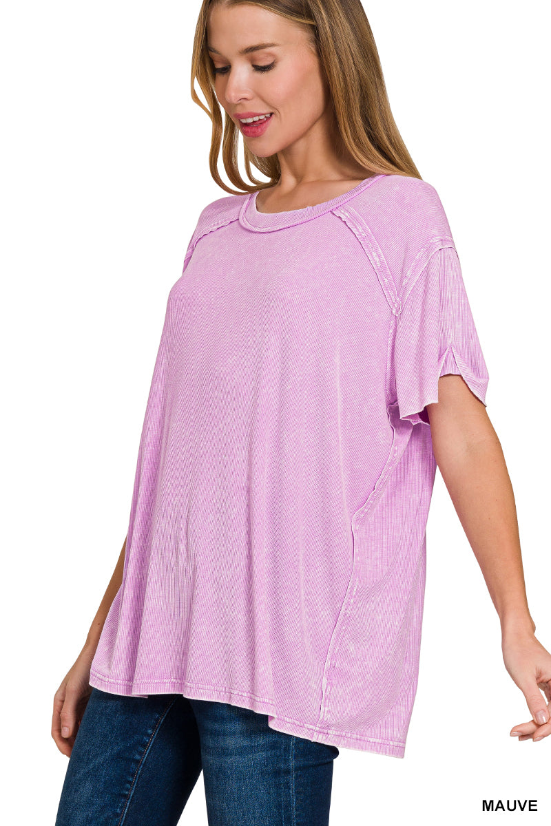 Mauve Washed Ribbed Short Sleeve Top