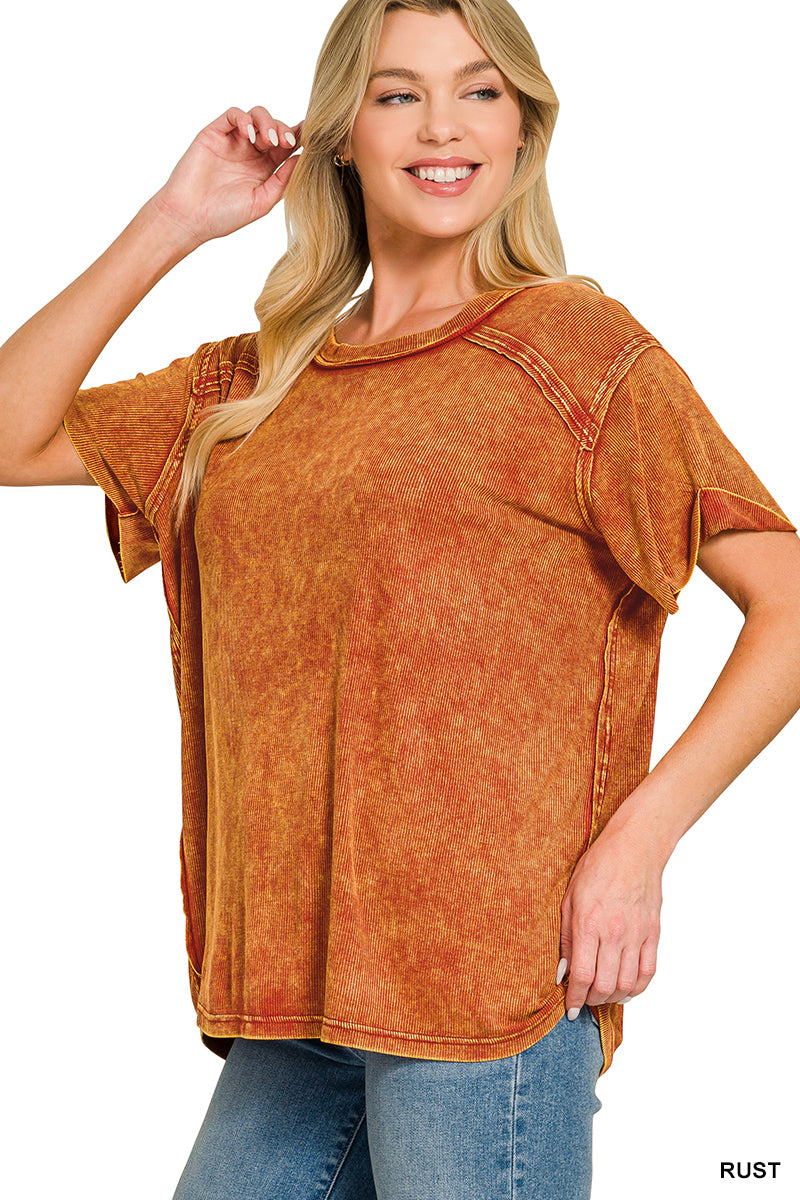Candy Pink Washed Ribbed Short Sleeve Top
