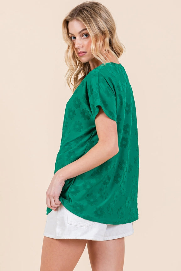 Textured Floral Pattern Top Green