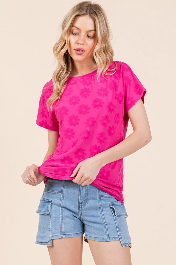 Textured Floral Pattern Top Fushia