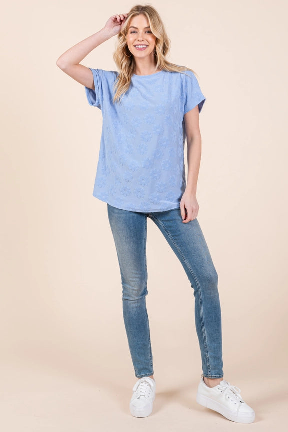 Textured Floral Pattern Top Light Blue