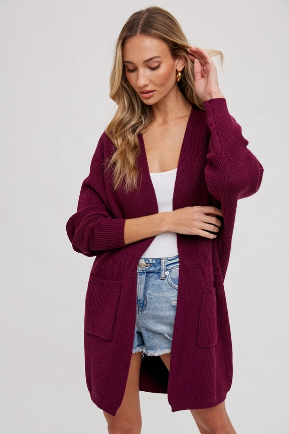 LLM Open Front Batwing Sleeve Cardigan Plum S M