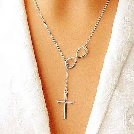 STERLING SILVER INFINITY CROSS LARIAT NECKLACE