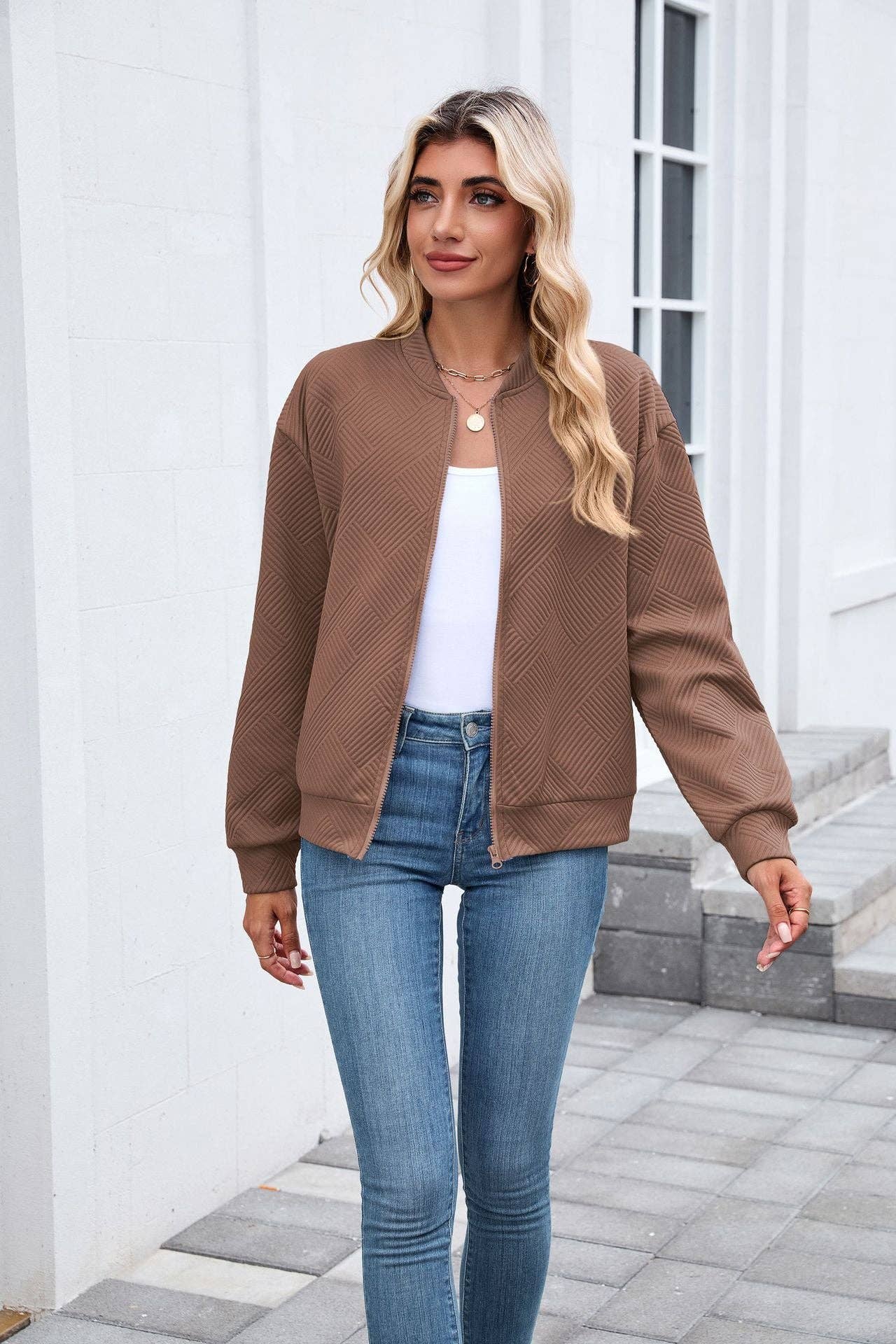 Quilted Zip-Up Bomber Jacket Casual Long Sleeve Sweatshirt