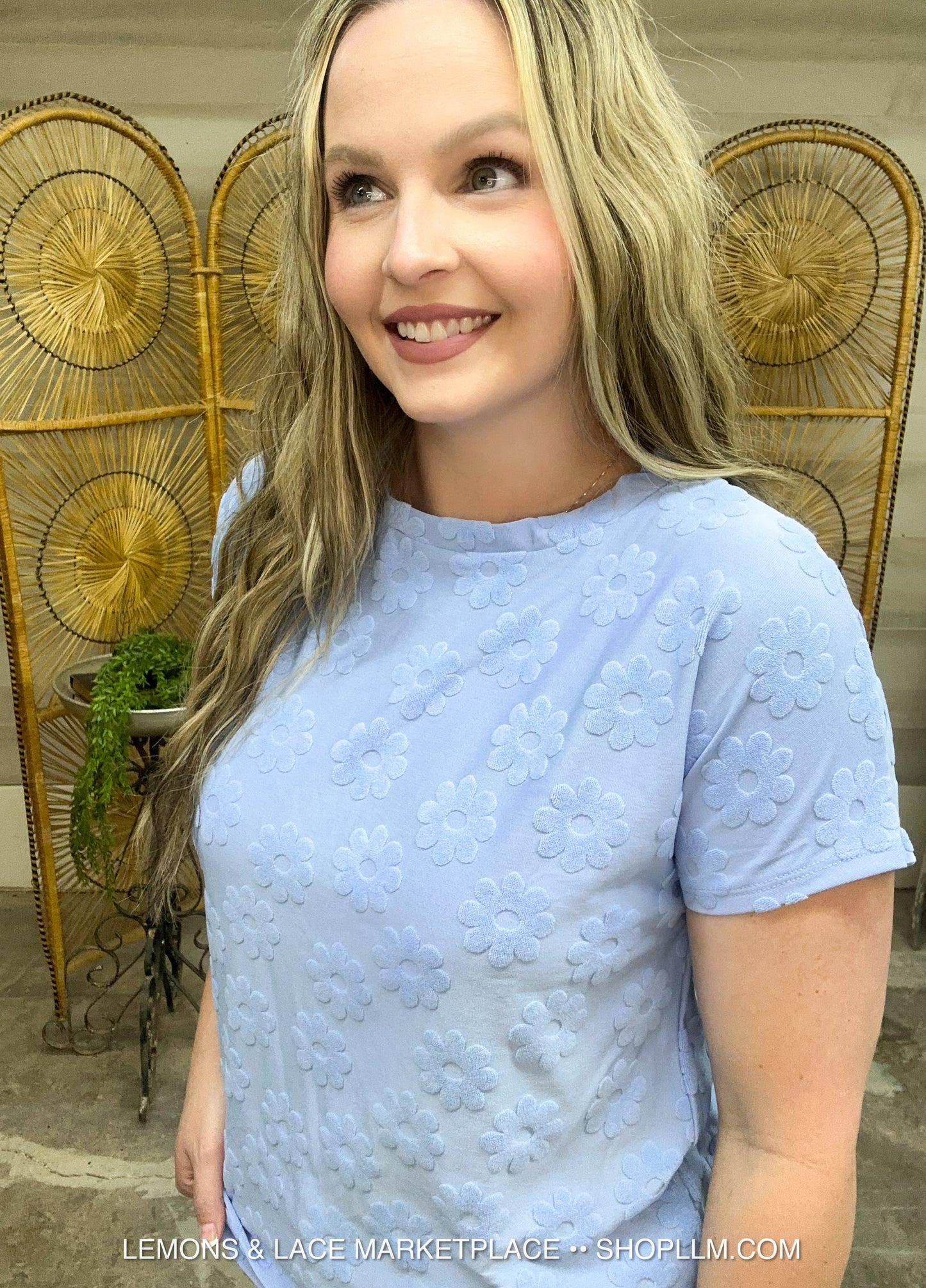 Textured Floral Pattern Top Light Blue