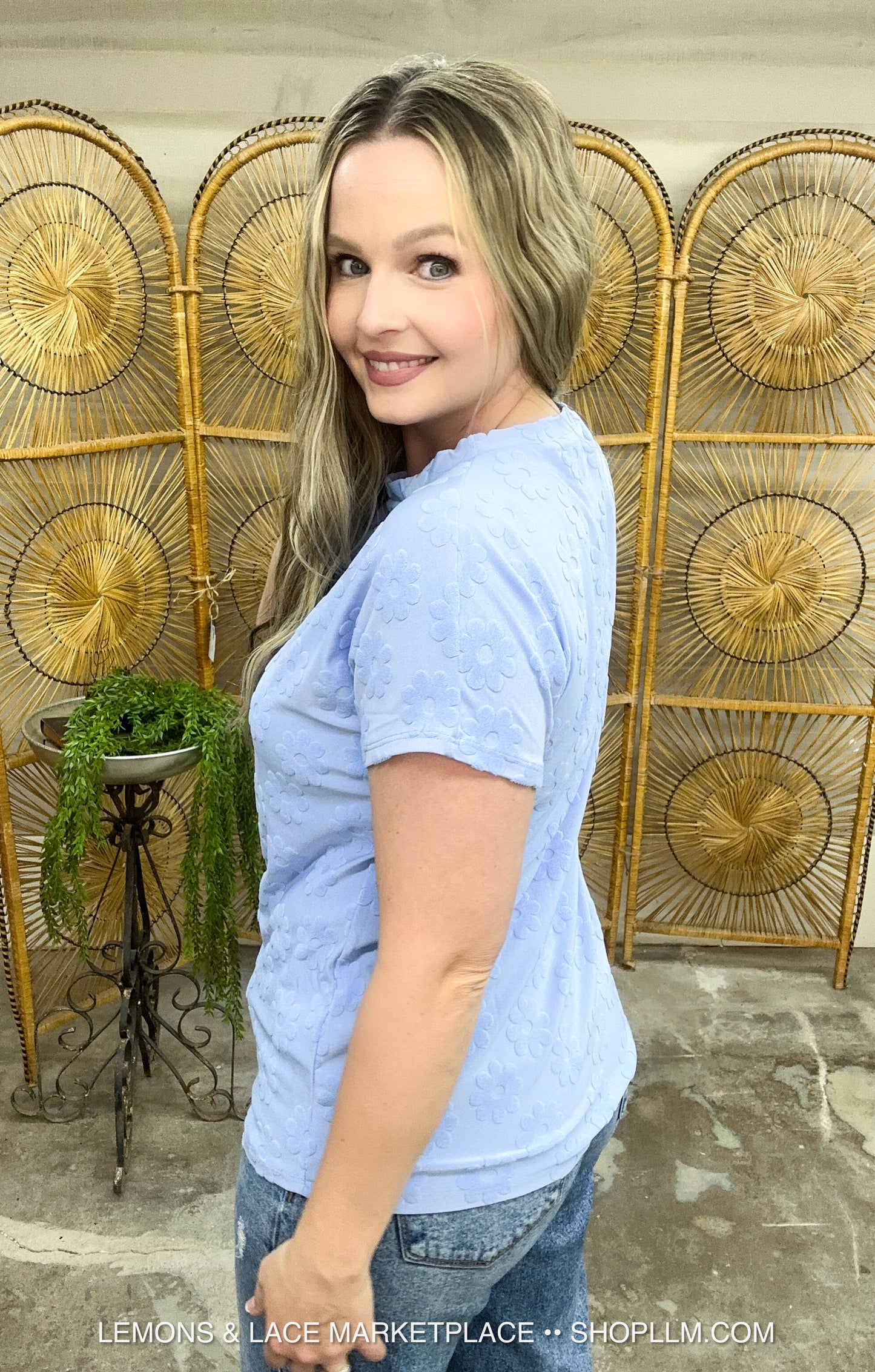 Textured Floral Pattern Top Light Blue
