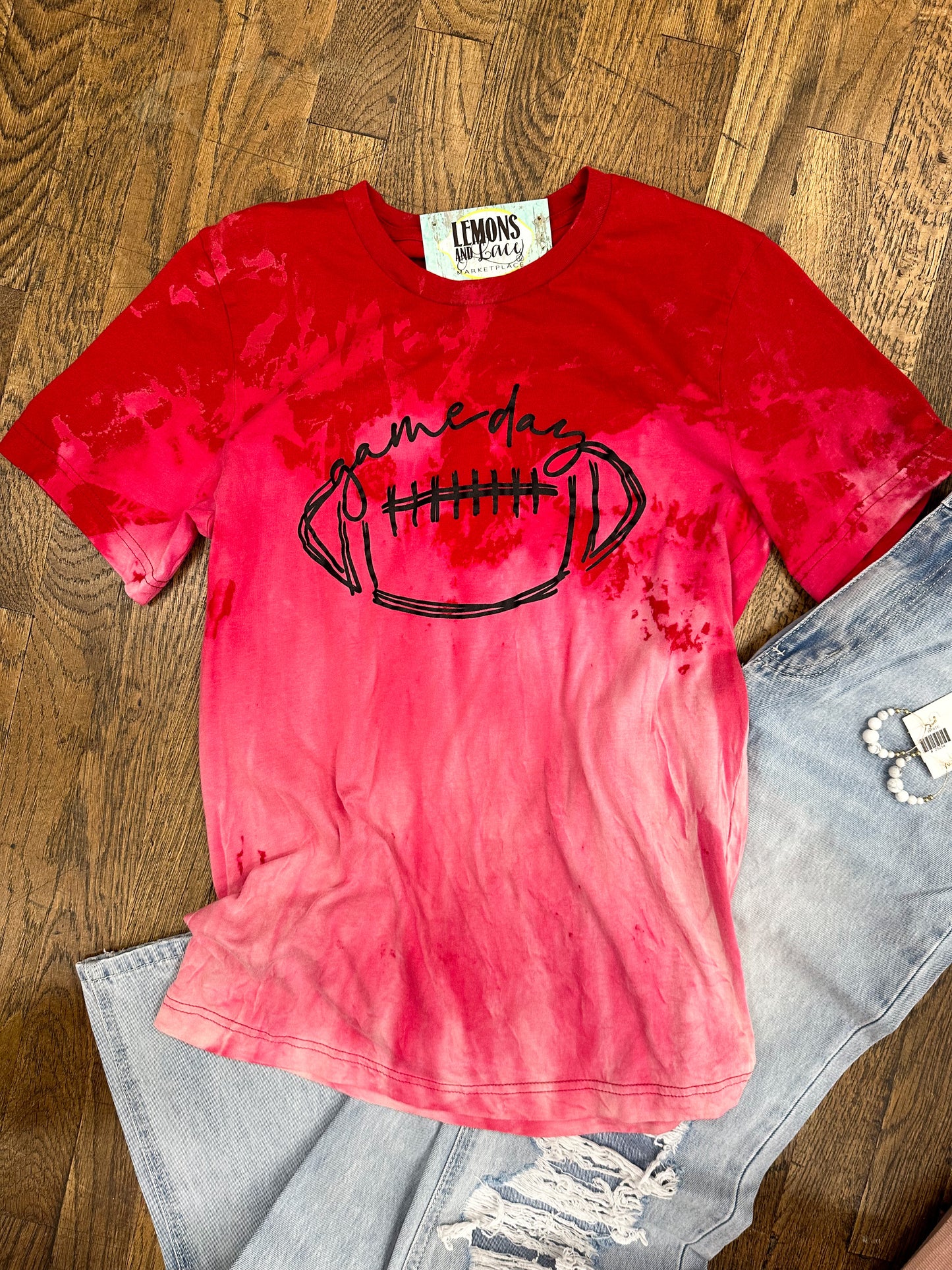 Red Bleached Game Day Football Graphic Tee
