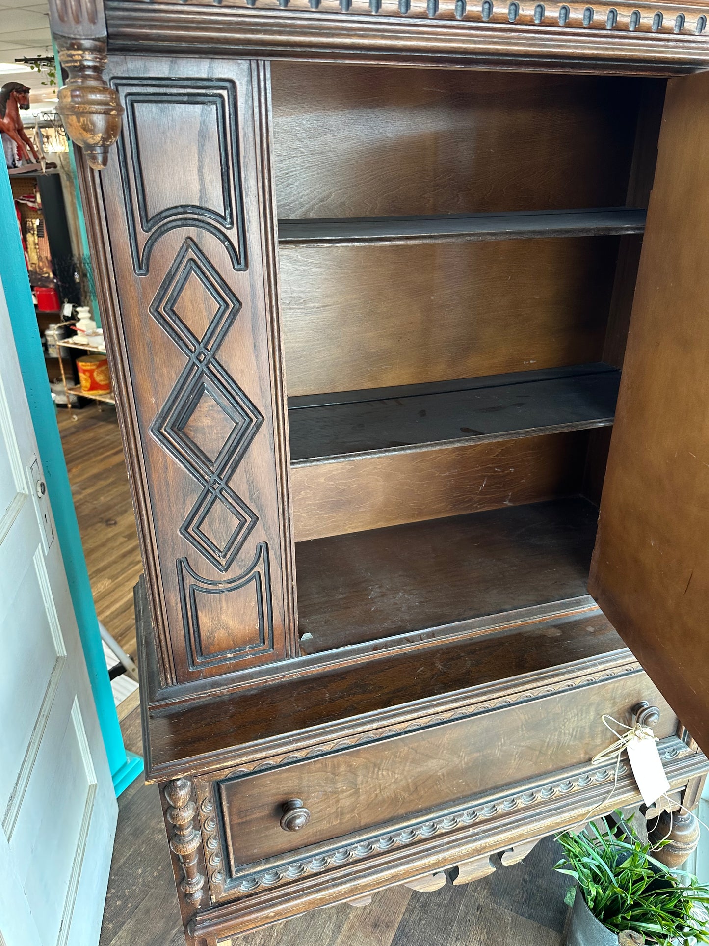 Antique Ornate Wood Cabinet w/ Shelves