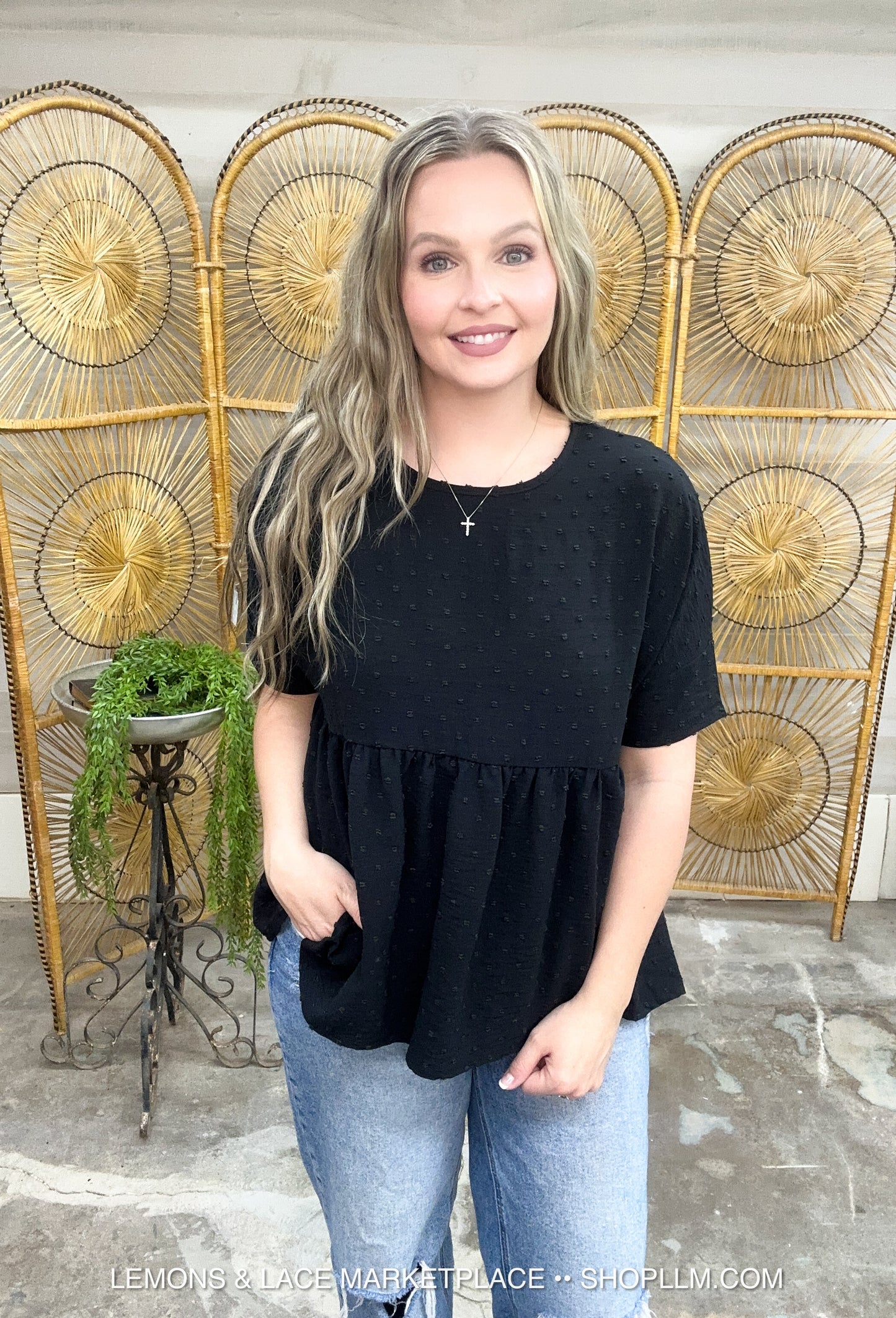 Dainty Textured Peplum Top Black