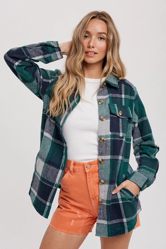 Flannel Green Plaid Shacket with Pockets