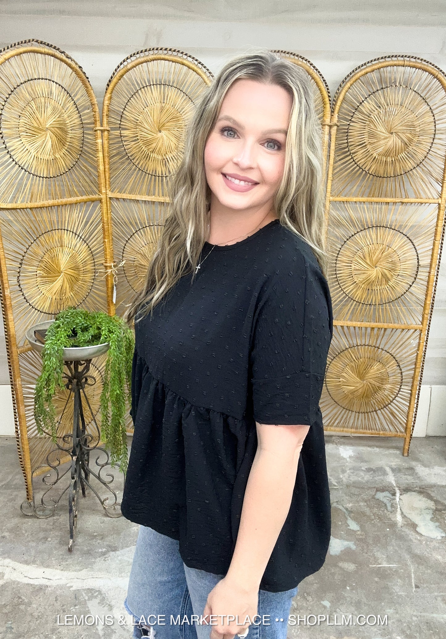 Dainty Textured Peplum Top Black