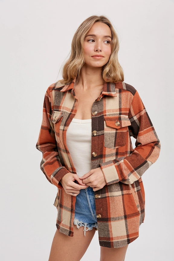 Flannel Taupe Plaid Shacket with Pockets