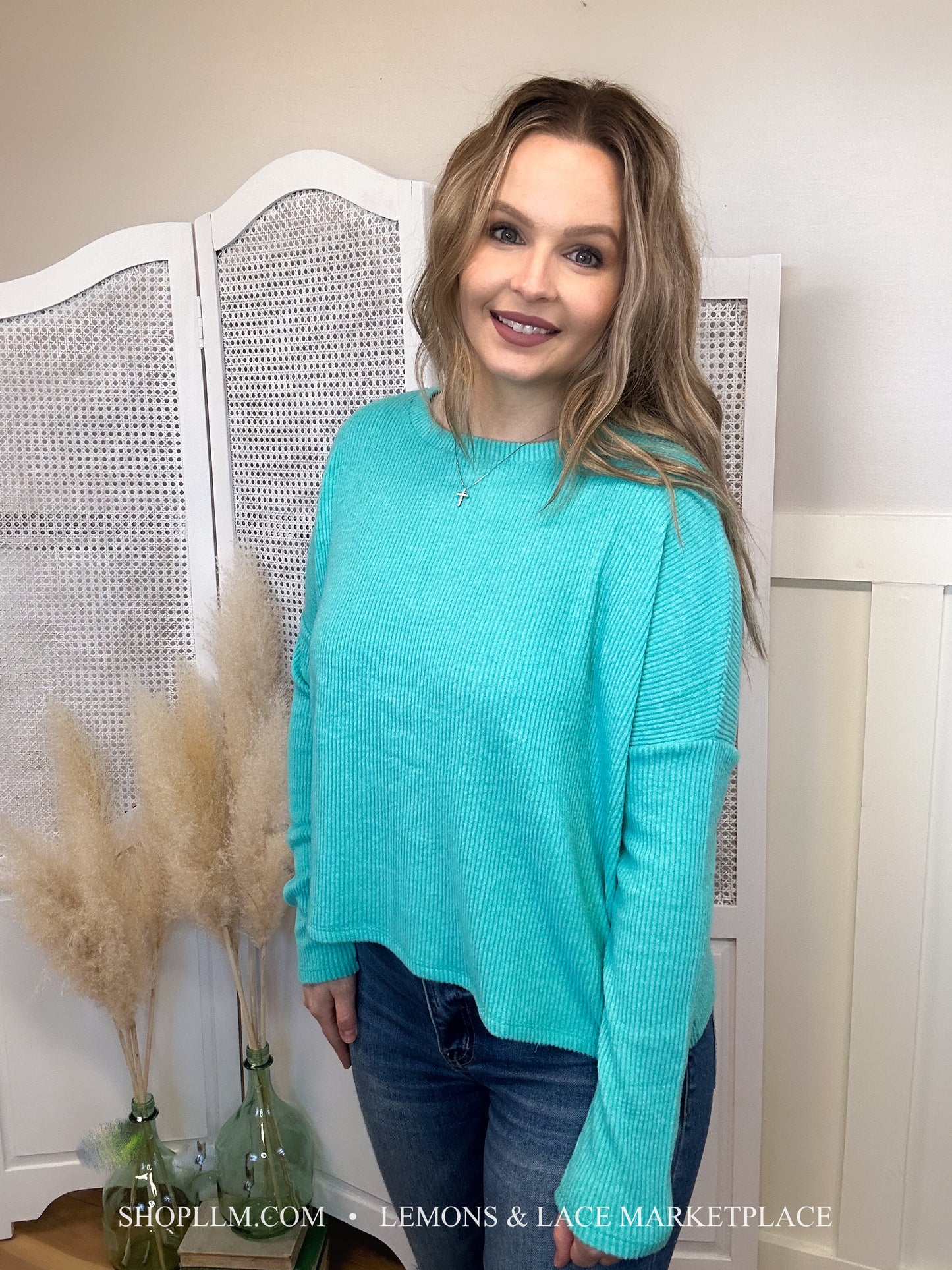 Turquoise Ribbed Dolman Sweater