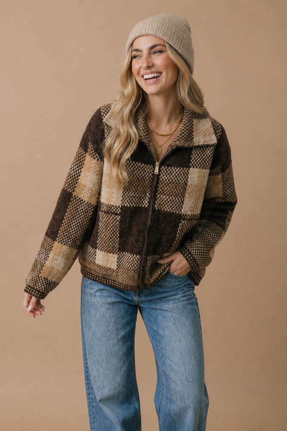 Checkered Jacquard Oversized Fit Jacket