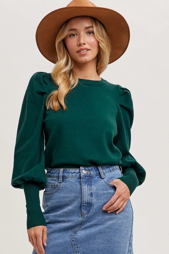 Bubble Sleeved Sweater Knit Top Green