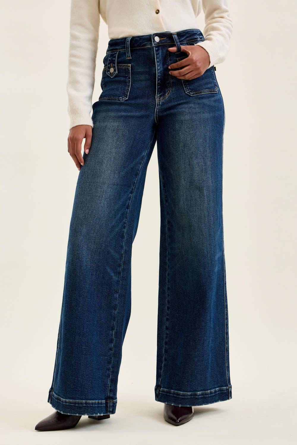 LUX High Waisted Retro Wide w/ Front Tab Closure DK Fade Indigo