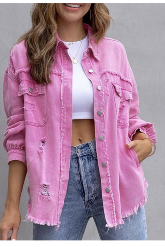 Pink Tattered Frayed Denim Jacket