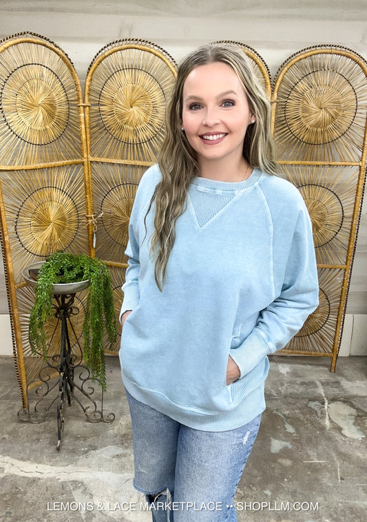 Dusty Teal Acid Washed French Terry Pullover