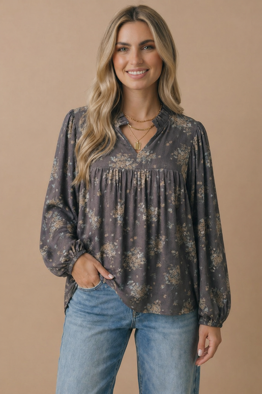 Floral Frilled Notch Neck Woven Blouse
