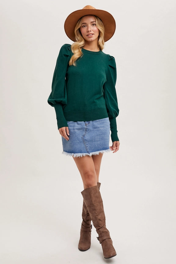 Bubble Sleeved Sweater Knit Top Green