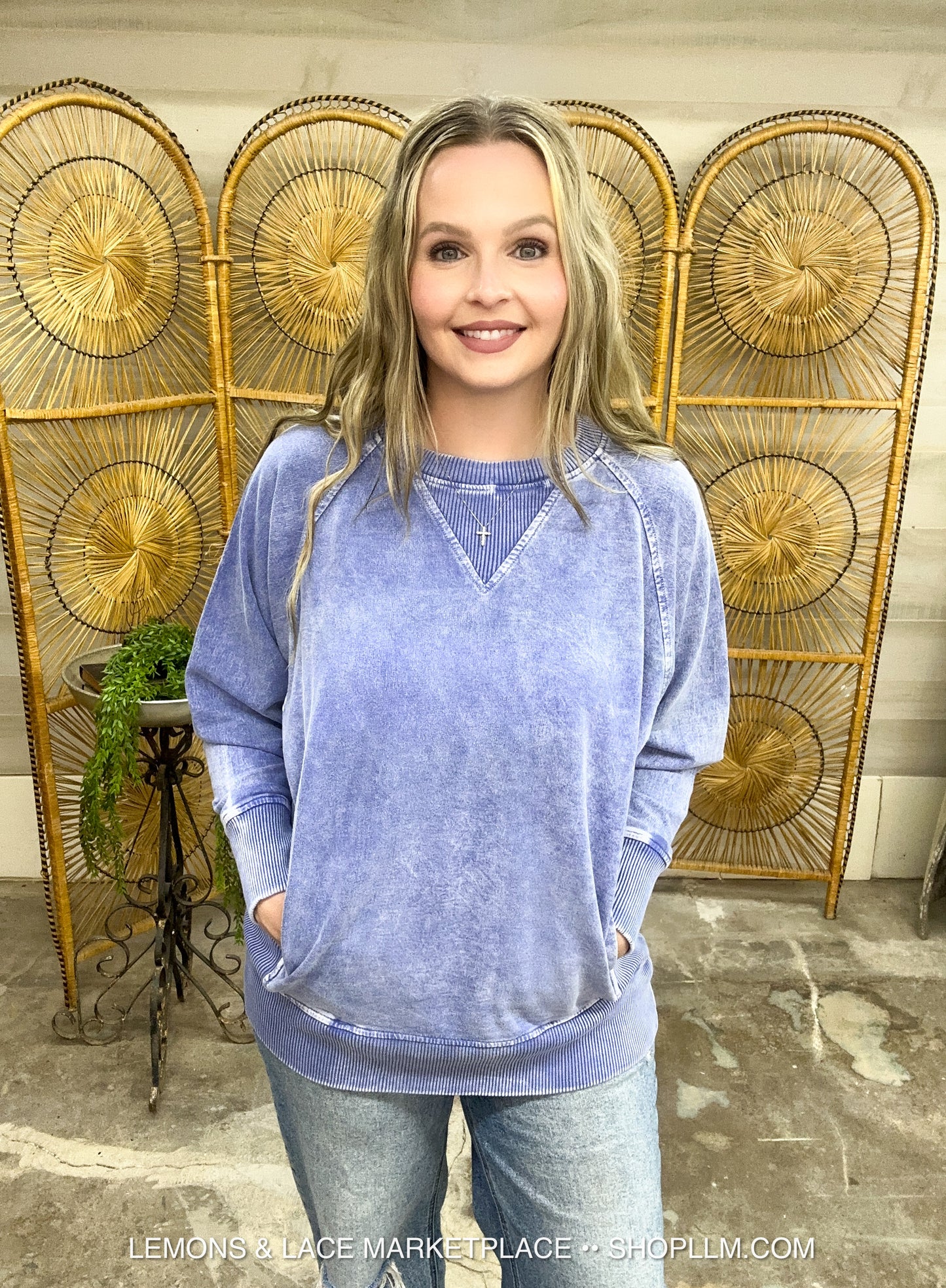 Navy Acid Washed French Terry Pullover