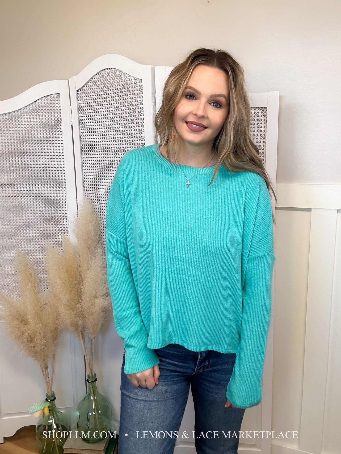 Turquoise Ribbed Dolman Sweater